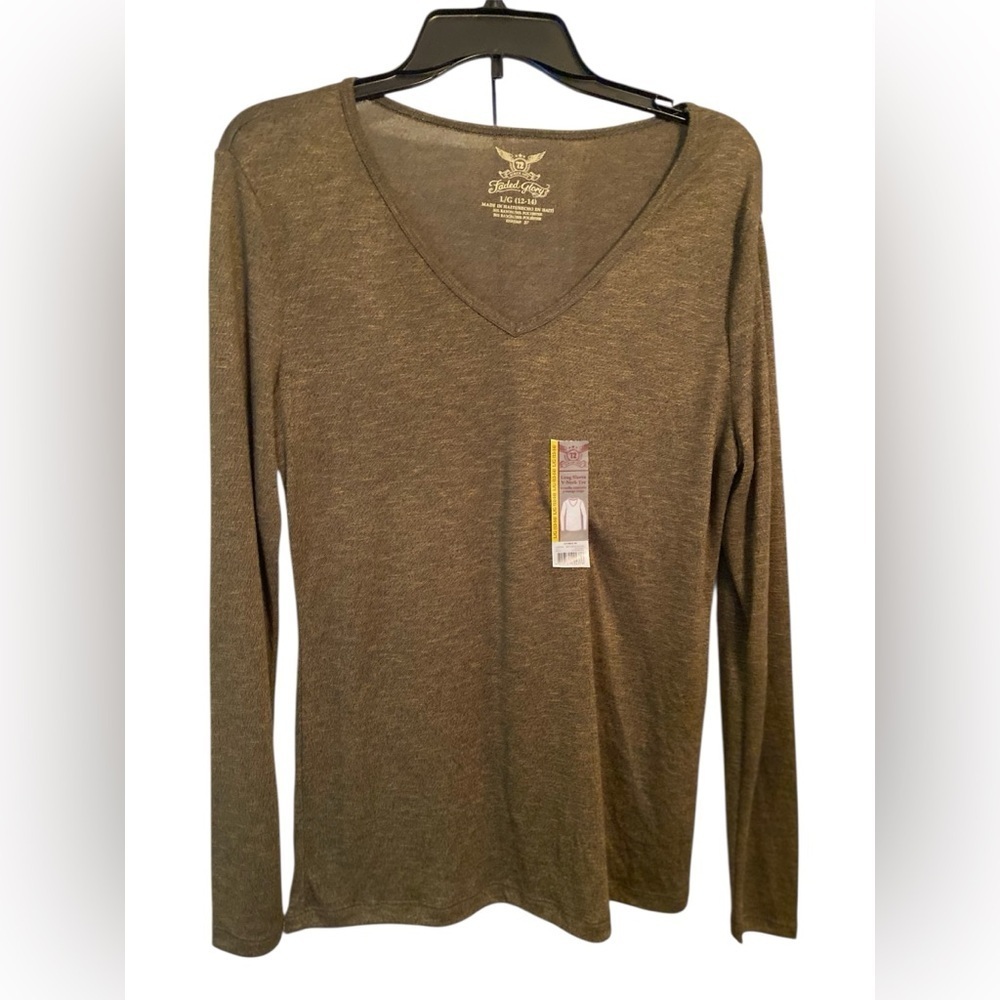 Faded Glory Dark Gray Long Sleeve V-Neck Top Size Large
